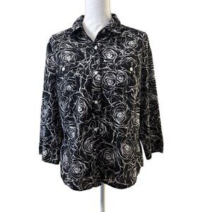 Jones New York Signature Womens Black & White Rose Print Button-Up Shirt XL